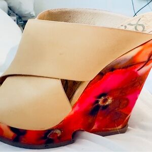 Sam Edelman Beige Leather Wedge Sandals; Red, Yellow, Floral Silk platform side